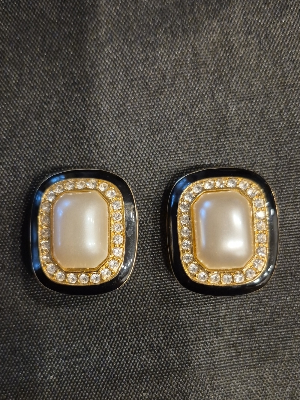 Vintage Gold & Black Rhinestone Pearl Frame Clip-On Earrings